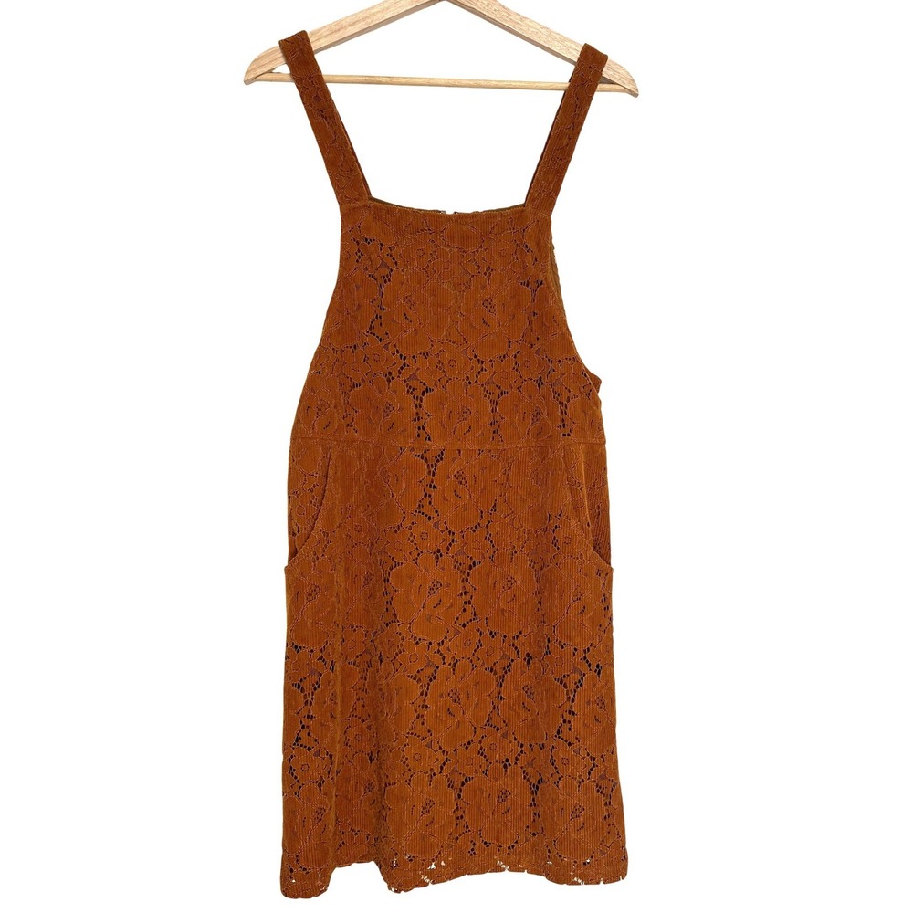Anthropologie Dolan Hattie Corduroy Overall Dress Bronze Floral Lace Mini XS NEW - Picture 4 of 12